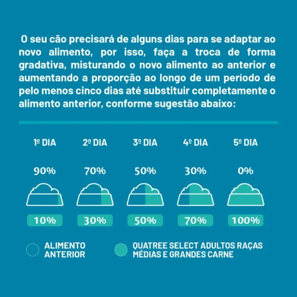 Dicas de introdução da ração Quatree Select. Falando sobre a quatree select cães adultos raças médias e grandes.