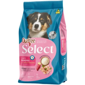 Pacote de ração azul com detalhes na cor rosa e um cachorro ilustrando para representar a palavra-chave quatree select filhotes racas medias e grandes.