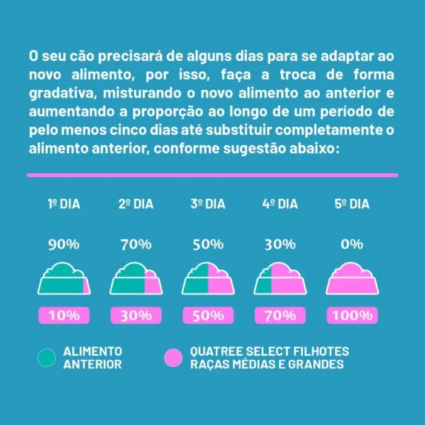 Informações sobre a quantidade diária de ração escritas em branco sobre o fundo azul para representar a palavra-chave quatree select filhotes racas medias e grandes quantidade.