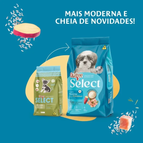 Duas embalagens de ração com a informação sobre a nova embalagem para representar a palavra-chave quatree select filhotes racas pequenas embalagem.
