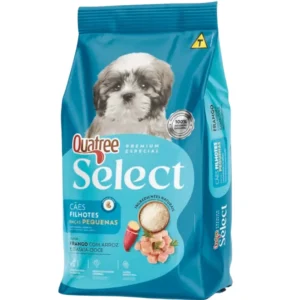 Pacote de ração para cachorro azul com a imagem ilustrativa de um cão pequeno para representar a palavra-chave quatree select filhotes racas pequenas frango.