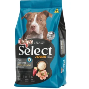 Saco de ração azul com um cachorro ilustrando para representar a palavra-chave quatree select power caes adultos frango.