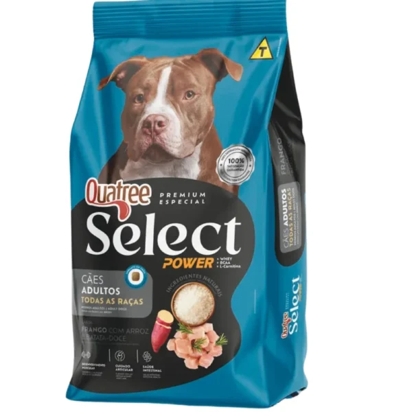 Saco de ração azul com um cachorro ilustrando para representar a palavra-chave quatree select power caes adultos frango.