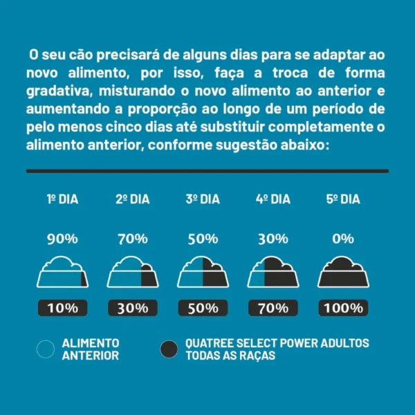 Instruções de adaptação da ração escritas em branco sobre um fundo azul para representar a palavra-chave quatree select power caes adultos frango adaptar.