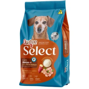 Saco de ração azul com um cachorro ilustrando para representar a palavra-chave quatree select senior racas pequenas frango.