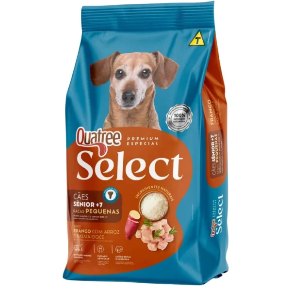 Saco de ração azul com um cachorro ilustrando para representar a palavra-chave quatree select senior racas pequenas frango.