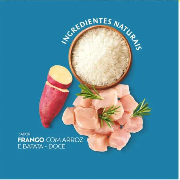 Ingredientes da ração (arroz, batata-doce e frango) para representar a palavra-chave quatree select senior racas pequenas ingredientes.