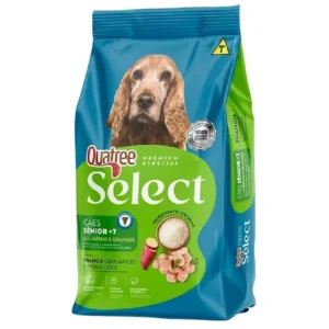 Saco de ração azul com detalhes em verde e um cachorro ilustrando para representar a palavra-chave quatree senior caes racas medias e grandes frango.