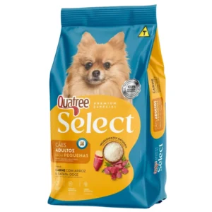 Saco de ração azul com detalhes em amarelo para representar a palavra-chave ração quatree select cães adultos raças pequenas carne.