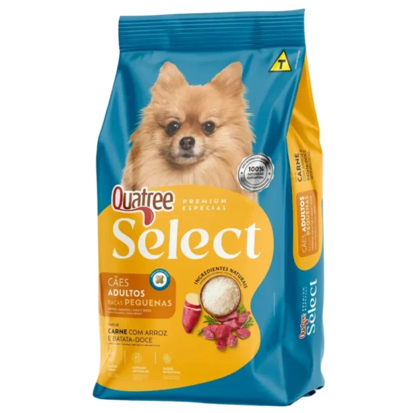 Saco de ração azul com detalhes em amarelo para representar a palavra-chave ração quatree select cães adultos raças pequenas carne.