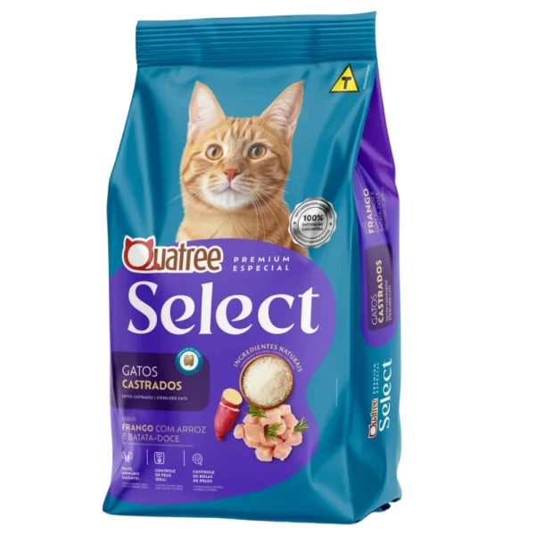 Pacote de ração para gatos azul com detalhes em roxo para representar a palavra-chave racao quatree select gatos castrados frango.