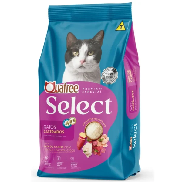 Pacote de ração para gatos azul com detalhes lilás para representar a palavra-chave racao quatree select gatos castrados mix de carnes.
