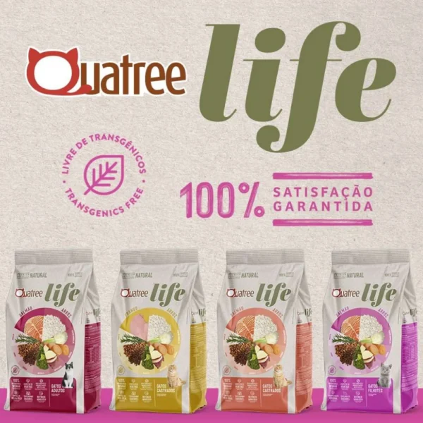 Diversas embalagens da ração Quatree Life para gatos para representar a palavra-chave quatree life embalagens.