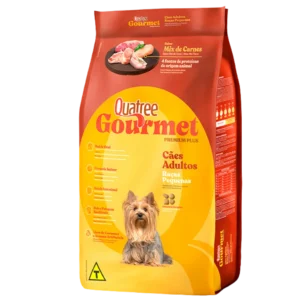 Pacote de ração para cachorro marrom com detalhes em amarelo para representar a palavra-chave ração quatree gourmet cães adultos raças pequenas.