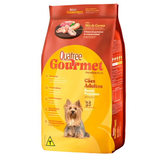 Pacote de ração para cachorro marrom com detalhes em amarelo para representar a palavra-chave ração quatree gourmet cães adultos raças pequenas.