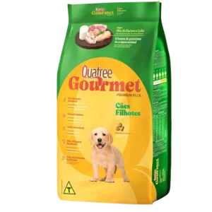 Pacote de ração para cachorro verde com detalhes em amarelo para representar a palavra-chave ração quatree gourmet filhotes mix de carnes com leite em pó.