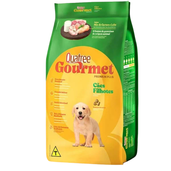 Pacote de ração para cachorro verde com detalhes em amarelo para representar a palavra-chave ração quatree gourmet filhotes mix de carnes com leite em pó.