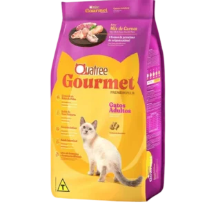 Pacote de ração para gatos roxo com detalhes em amarelo para representar a palavra-chave ração quatree gourmet gatos adultos mix de carnes.