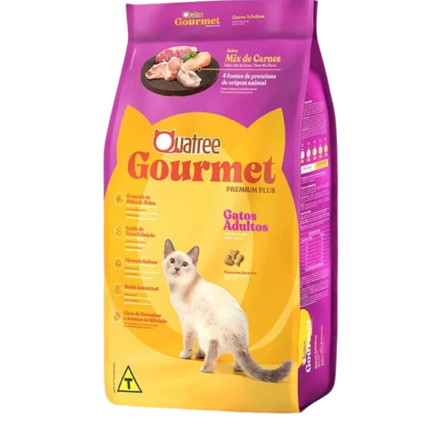 Pacote de ração para gatos roxo com detalhes em amarelo para representar a palavra-chave ração quatree gourmet gatos adultos mix de carnes.