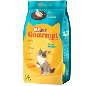 Pacote de ração para gatos azul com detalhes em amarelo para representar a palavra-chave ração quatree gourmet gatos adultos sabor peixe.