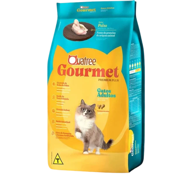 Pacote de ração para gatos azul com detalhes em amarelo para representar a palavra-chave ração quatree gourmet gatos adultos sabor peixe.