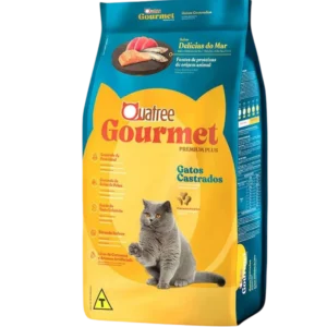 Pacote de ração para gatos azul com detalhes em amarelo para representar a palavra-chave ração quatree gourmet gatos castrados delícias do mar.