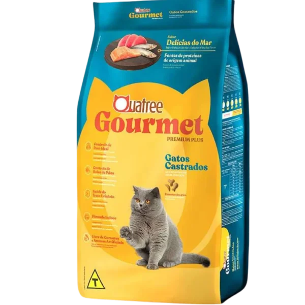 Pacote de ração para gatos azul com detalhes em amarelo para representar a palavra-chave ração quatree gourmet gatos castrados delícias do mar.