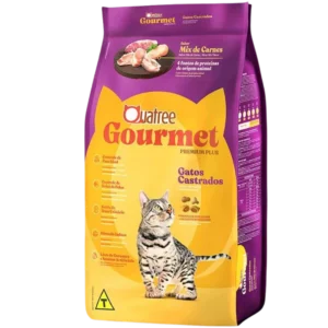 Pacote de ração para gatos roxo com detalhes em amarelo para representar a palavra-chave ração quatree gourmet gatos castrados mix de carnes.