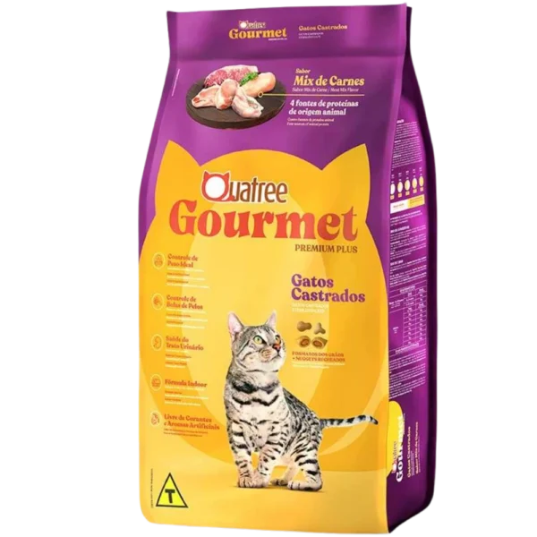 Pacote de ração para gatos roxo com detalhes em amarelo para representar a palavra-chave ração quatree gourmet gatos castrados mix de carnes.
