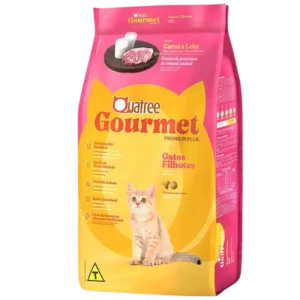 Pacote de ração para gatos cor de rosa com detalhes em amarelo para representar a palavra-chave ração quatree gourmet gatos filhotes sabor carne e leite.