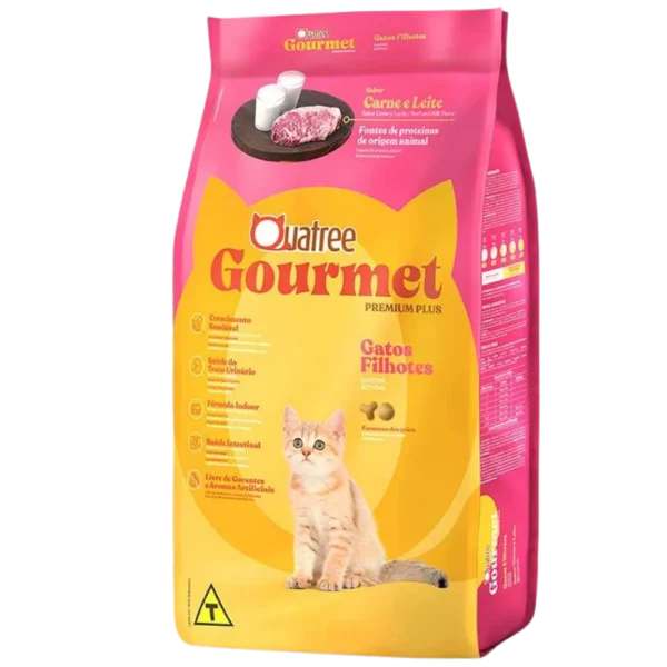 Pacote de ração para gatos cor de rosa com detalhes em amarelo para representar a palavra-chave ração quatree gourmet gatos filhotes sabor carne e leite.