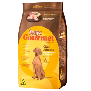 Pacote de ração para cachorro marrom com detalhes em amarelo para representar a palavra-chave racao quatree gourmet racas medias e grandes mix de carnes.
