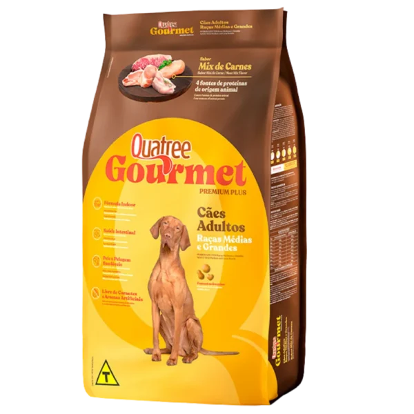Pacote de ração para cachorro marrom com detalhes em amarelo para representar a palavra-chave racao quatree gourmet racas medias e grandes mix de carnes.