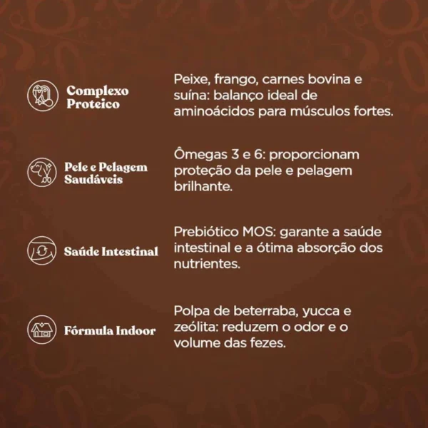 Tabela de informações escrita em branco sobre o fundo marrom para representar a palavra-chave racao quatree gourmet racas medias e grandes mix de carnes composicao.