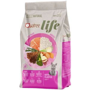 Pacote de ração para gatos cinza com detalhes em rosa para representar a palavra-chave ração quatree life gatos filhotes sabor salmão.