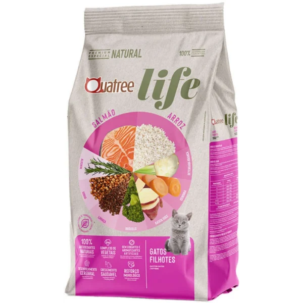 Pacote de ração para gatos cinza com detalhes em rosa para representar a palavra-chave ração quatree life gatos filhotes sabor salmão.