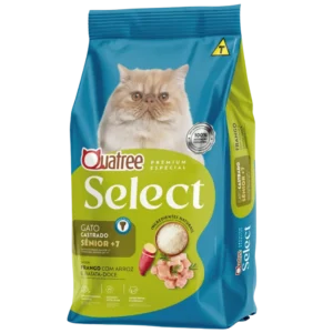 Pacote de ração para gatos azul com detalhes em verde para representar a palavra-chave racao quatree select gatos castrados senior +7 frango.