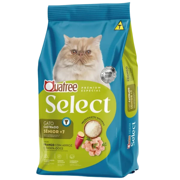 Pacote de ração para gatos azul com detalhes em verde para representar a palavra-chave racao quatree select gatos castrados senior +7 frango.