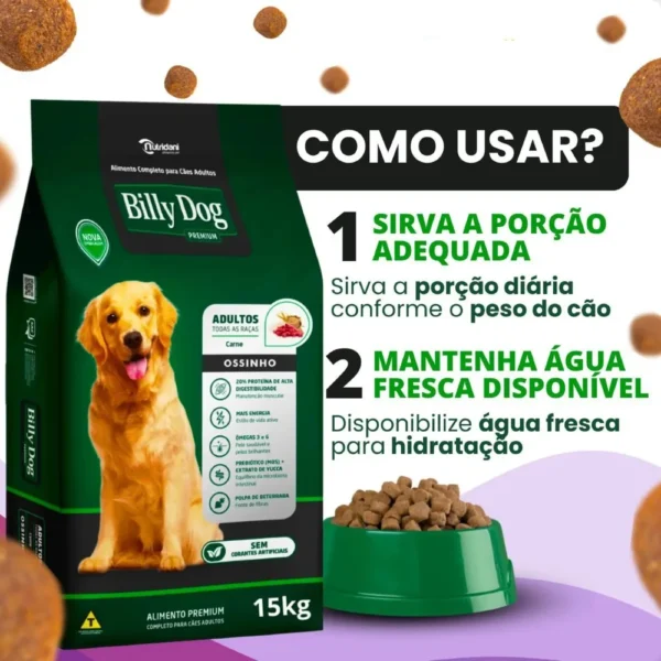 Pacote de ração para cachorro na cor verde com informações de quantidade ao lado para representar a palavra-chave billy dog ossinho.