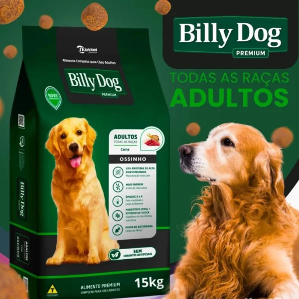 Pacote de ração para cachorro na cor verde com informações de indicação ao lado para representar a palavra-chave billy dog ossinho sabor carne.