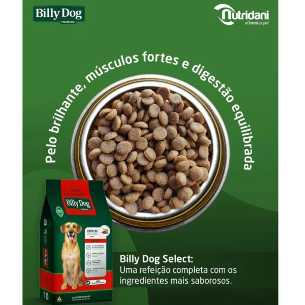 Pacote de ração para cachorro na cor verde com detalhes em vermelho ao lado de uma tigela de ração para representar a palavra-chave billy dog select adultos sabor carne.