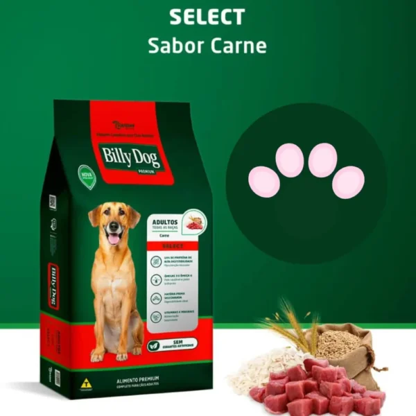 Pacote de ração para cachorro na cor verde com detalhes em vermelho para representar a palavra-chave billy dog select adultos todas as raças.
