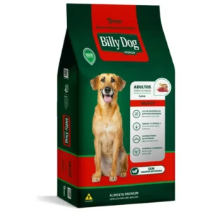 Pacote de ração para cachorro na cor verde com detalhes em vermelho para representar a palavra-chave billy dog select adultos todas as raças sabor carne.