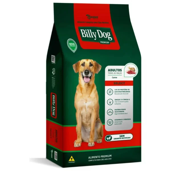 Pacote de ração para cachorro na cor verde com detalhes em vermelho para representar a palavra-chave billy dog select adultos todas as raças sabor carne.