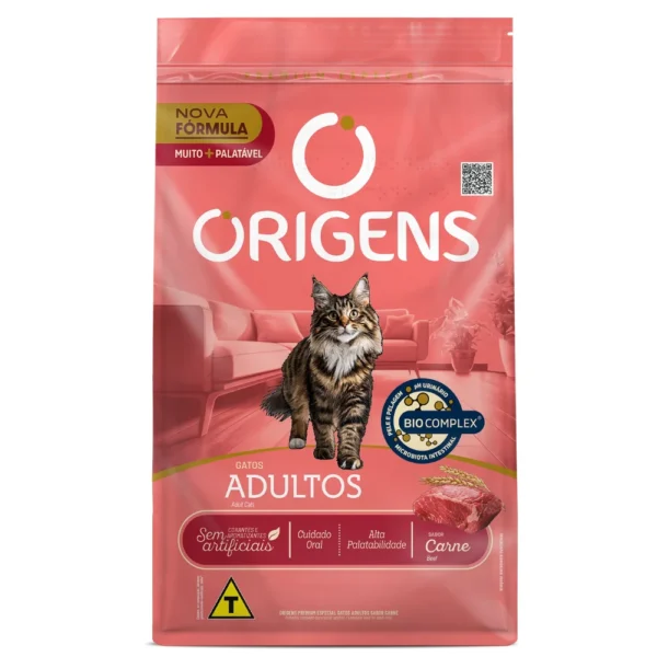 Pacote de ração para gatos cor de rosa para representar a palavra-chave origens gato adulto carne.