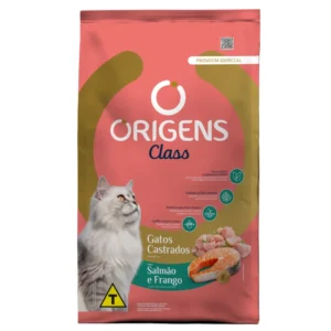 Pacote de ração para gatos na cor salmão para representar a palavra-chave origens gatos castrados salmão e frango.