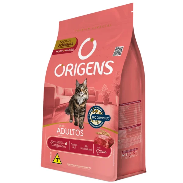 Pacote de ração para gatos cor de rosa para representar a palavra-chave origens premium especial gatos adultos.