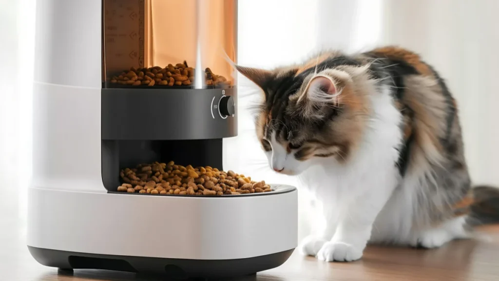 Gato malhado ao lado de uma tigela de ração cheia para representar a palavra-chave qual a melhor ração golden ou quatree para gatos.