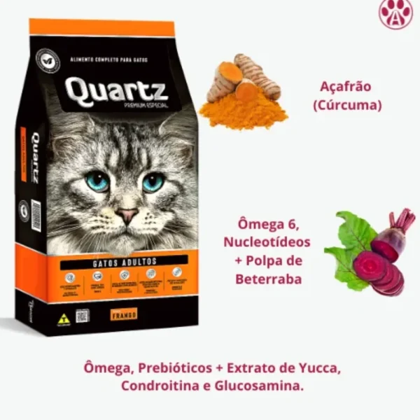 Pacote de ração para grato na cor preta com detalhes em laranja para representar a palavra-chave quartz gatos castrados sabor frango.