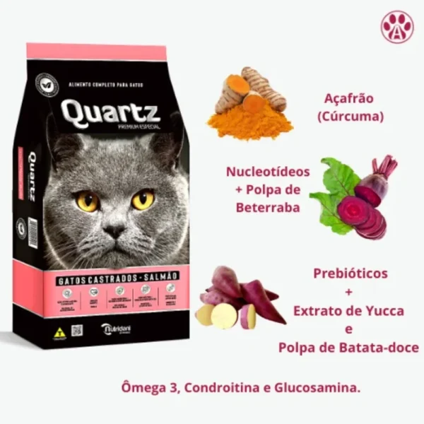 Pacote de ração para grato na cor preta com detalhes em rosa para representar a palavra-chave quartz gatos castrados sabor salmão.